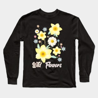 Wildflowers Watercolor Painting Beautiful Gifts, Daffodil Yellow Flowers, Floral Modern Design Spring Time Birthday Vintage Long Sleeve T-Shirt